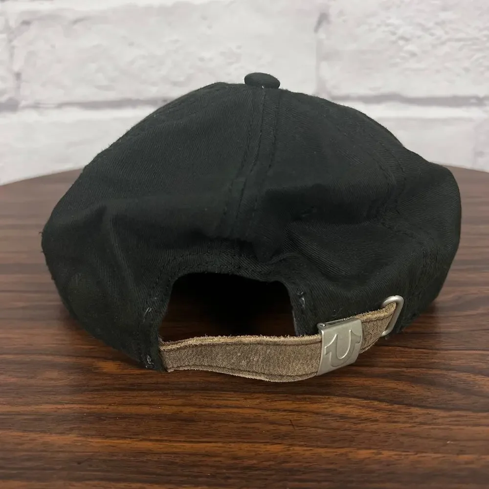 True Religion Mens OS‎ Designer Streetwear Black Spellout Leather Strapback Hat